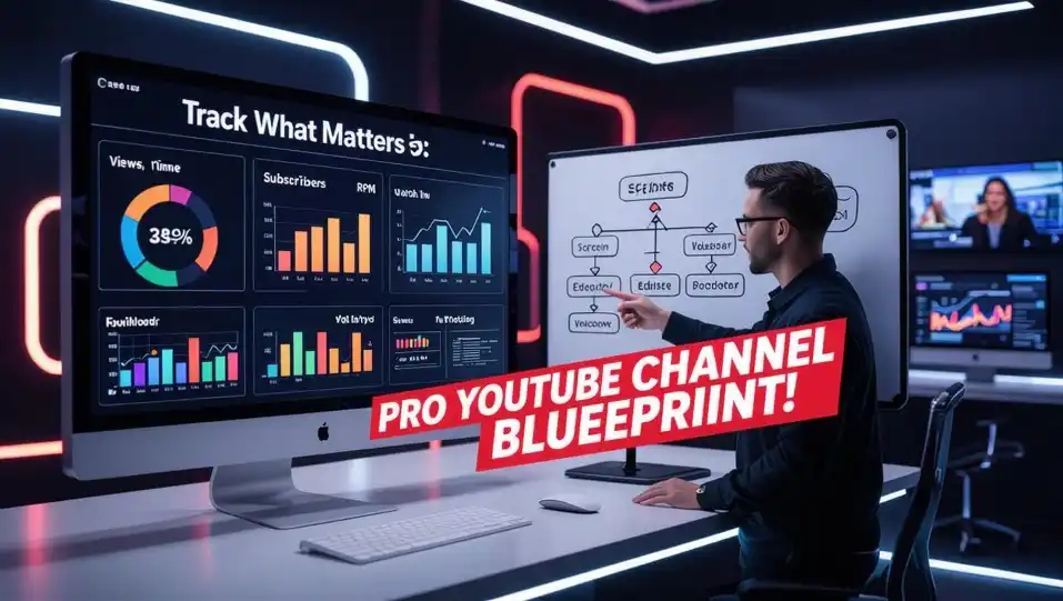 Create a high-contrast YouTube thumbnail showing a confident YouTube creator pointing at a whiteboard with a flowchart labeled "Pro Channel Structure." Include visual elements like icons for scripting, editing, voiceover, and uploading, arranged like a system. Use bold text that says: “Pro YouTube Channel Blueprint!”. The background should feature a studio setup with multiple screens showing automated workflows. Use red, white, and black as dominant colors for eye-catching contrast. Style should be modern, clean, and highly clickable.