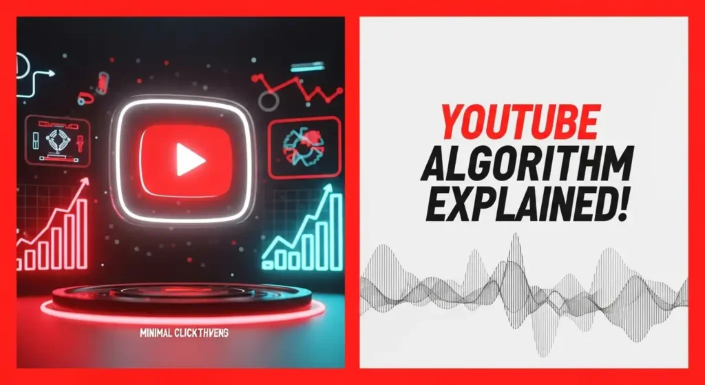 A bold and eye-catching YouTube thumbnail design about "YouTube Algorithm Basics". The design should feature a glowing YouTube play button icon, futuristic neon effects, a graph/chart showing growth, and abstract digital waves symbolizing algorithms. Use bright red, white, and black as main colors. Add bold, large text overlay: "YouTube Algorithm Explained!" in modern futuristic typography. High contrast, 3D depth, minimal clutter, highly clickable style, professional YouTube thumbnail.