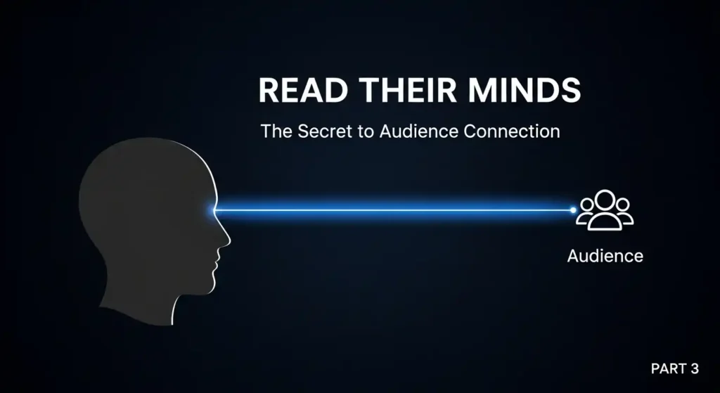 This concept is designed to be intriguing and slightly mysterious, promising a deep insight into the audience's psychology. Concept: A visually striking graphic that metaphorically represents "reading the mind" of the target audience. Visuals: A minimalist, high-contrast design. On one side, a sleek, stylized silhouette of a human head. From it, a single, glowing line of light (in a vibrant brand color like electric blue or neon green) extends across the thumbnail and connects directly to a simple "Audience" icon (e.g., a small group of people) on the other side. The background should be a very dark, clean, textured gray or navy blue. Text: Main Title (Large, Bold Font): READ THEIR MINDS Subtitle (Smaller, below the main title): The Secret to Audience Connection Series Number (Subtle, in a corner): PART 3 Why it Works: The title is a powerful, viral-style hook. The clean, high-tech aesthetic feels professional and modern, while the glowing line creates a dynamic focal point that draws the eye and sparks curiosity.